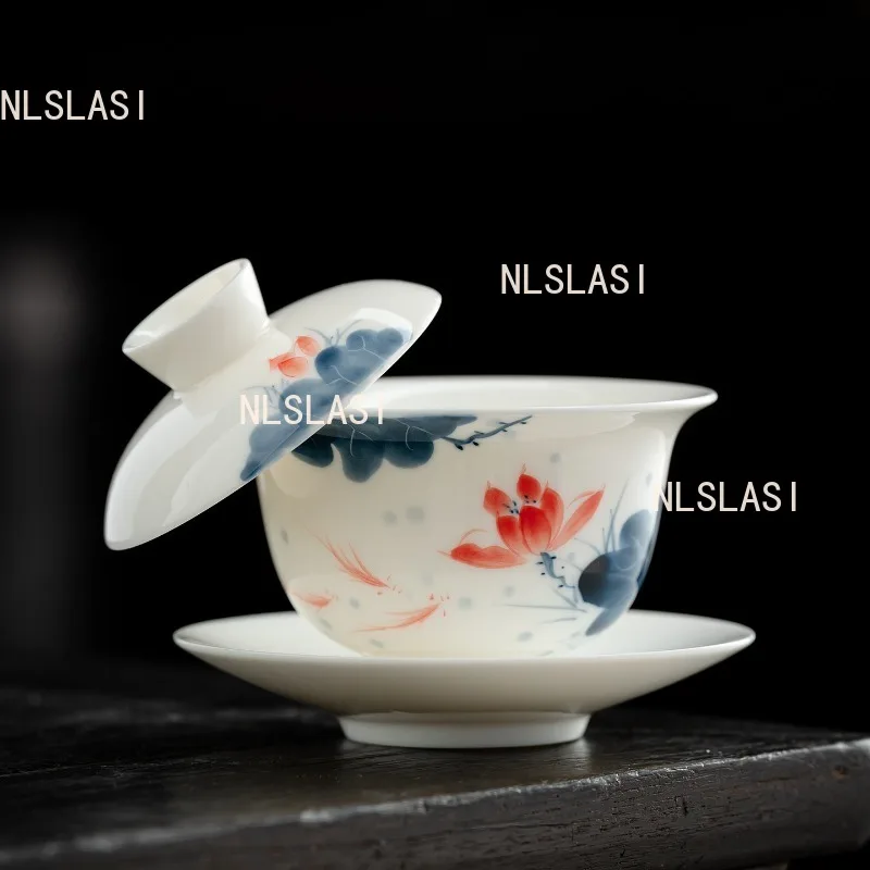 White Porcelain Hand-painted Lotus Covered Bowl Chinese 3 Talents Bowl High End Tea Cup Hoverable Lid Bowl Drinking Utensils
White Porcelain Hand-painted Lotus Covered Bowl Chinese 3 Talents Bowl High End Tea Cup Hoverable Lid Bowl Drinking Utensils