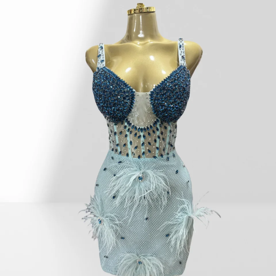 2025 Luxury Feathers Blue Diamonds Sexy See Through Spaghetti Mini Dress Woman Birthday Party Vestido Club Party Outfit
2025 Luxury Feathers Blue Diamonds Sexy See Through Spaghetti Mini Dress Woman Birthday Party Vestido Club Party Outfit