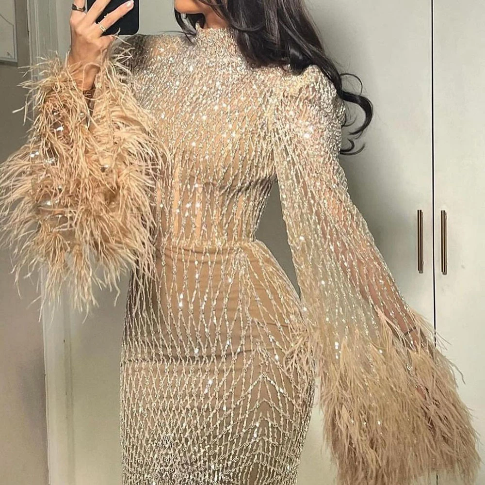 Arabic Feathered Formal Dresses For Women Long Sleeves High Neck Luxury Handmade Prom Dress With Real Images Party Gown
Arabic Feathered Formal Dresses For Women Long Sleeves High Neck Luxury Handmade Prom Dress With Real Images Party Gown