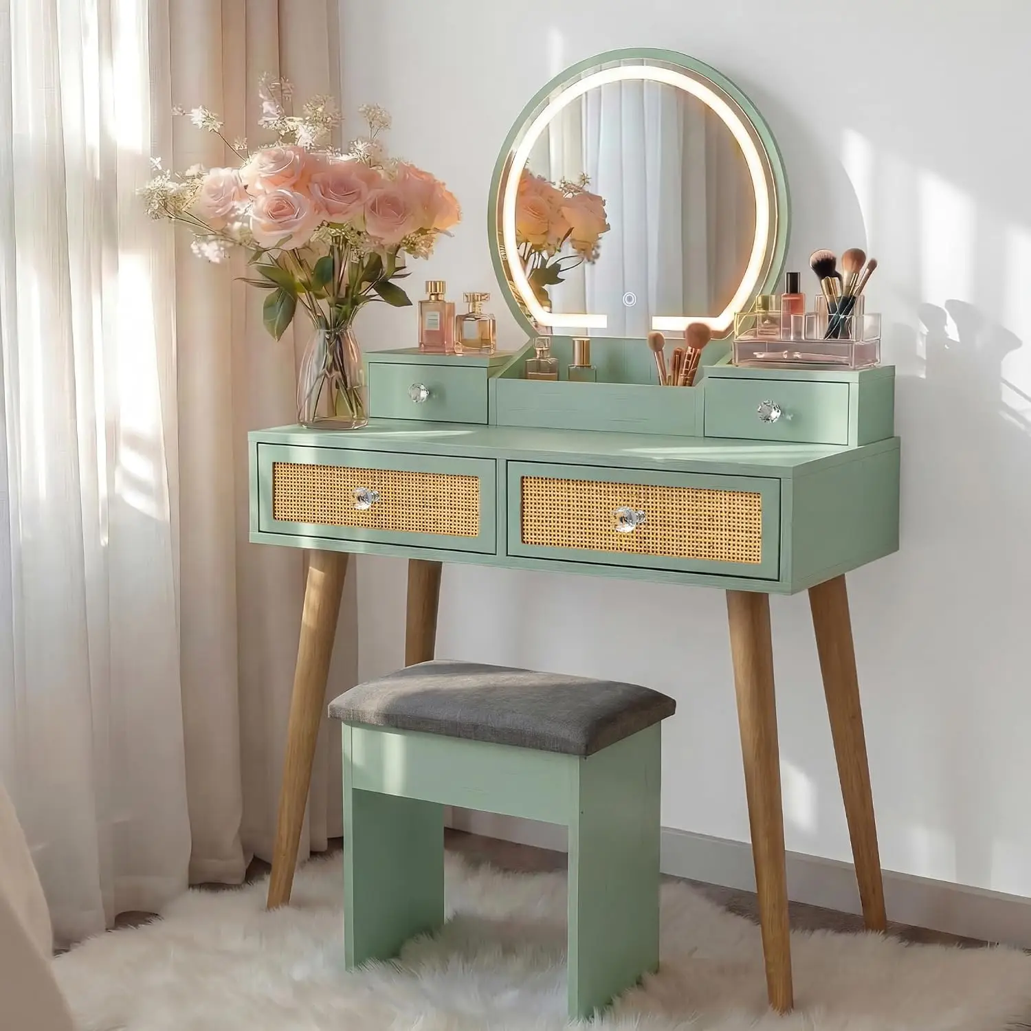 Natural Rattan Vanity Desk Set with 3 Modes Adjustable Lighted Mirror and Cushioned Stool, Modern Compact,Customized
Natural Rattan Vanity Desk Set with 3 Modes Adjustable Lighted Mirror and Cushioned Stool, Modern Compact,Customized