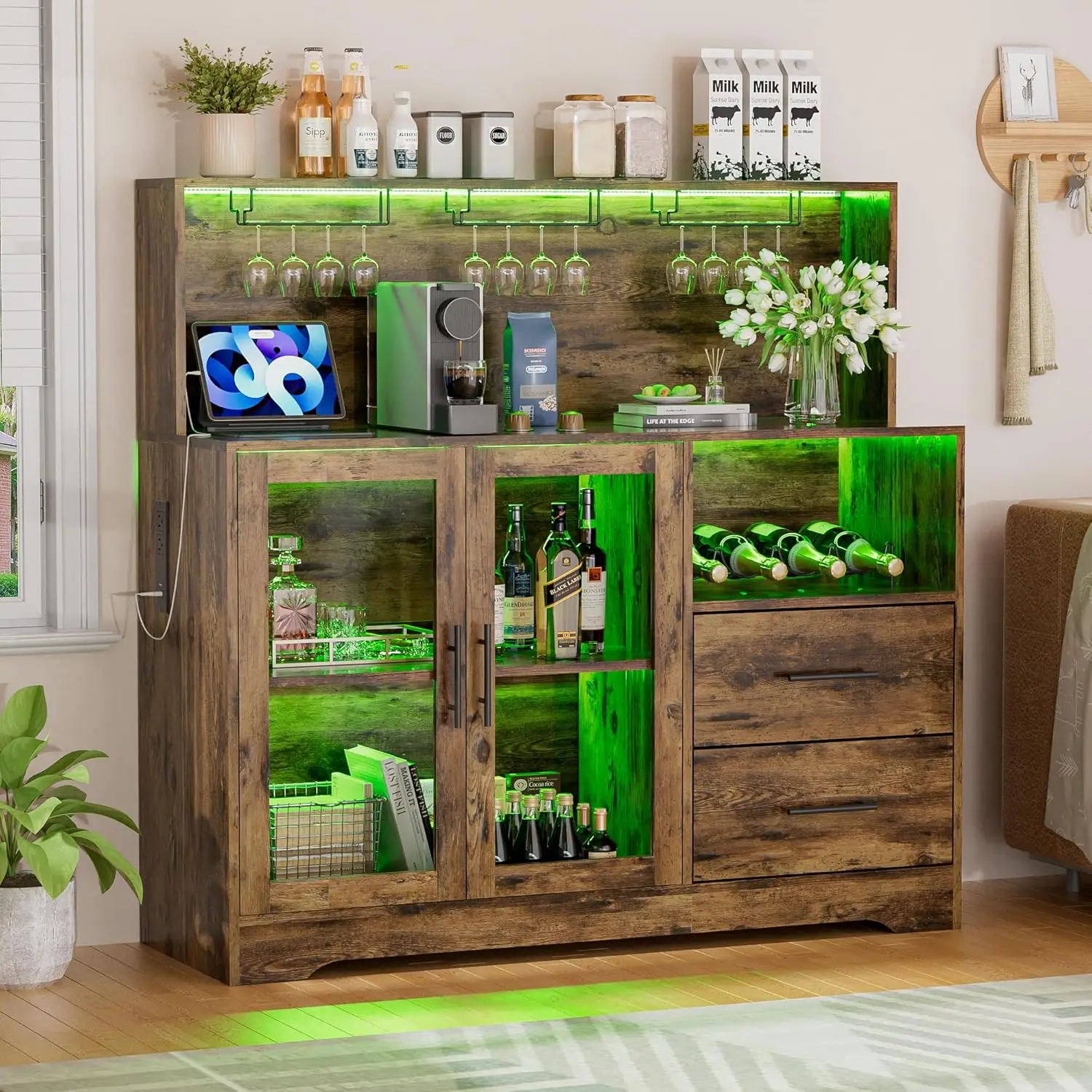RGB LED Bar Cabinet Adjustable Lights Wine Rack Drawers Charging Station Modern Freestanding Living Room Dining Room, Customized
RGB LED Bar Cabinet Adjustable Lights Wine Rack Drawers Charging Station Modern Freestanding Living Room Dining Room, Customized