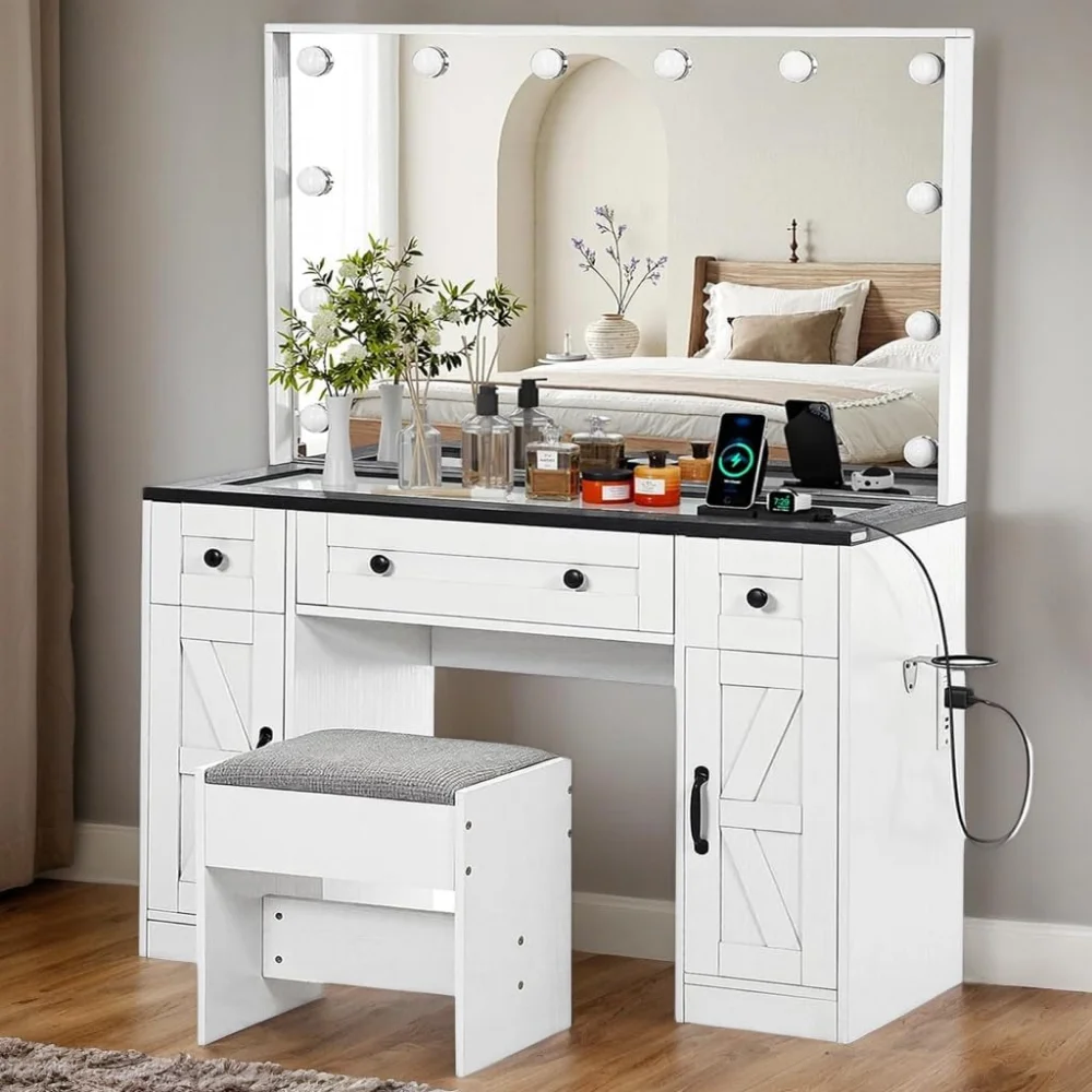 Vanity Desk with Mirror, Makeup Vanity Table and Chair Set with 12 LED Lights, Farmhouse Make Up Desk Dressing Table
Vanity Desk with Mirror, Makeup Vanity Table and Chair Set with 12 LED Lights, Farmhouse Make Up Desk Dressing Table