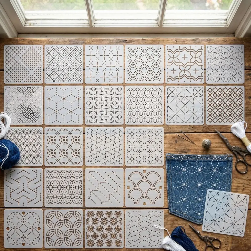 30pcs Geometric Pattern Sashiko Stencil Kit Reusable PET Sashiko Embroidery Template Handmade DIY Embroidery Stencil
30pcs Geometric Pattern Sashiko Stencil Kit Reusable PET Sashiko Embroidery Template Handmade DIY Embroidery Stencil