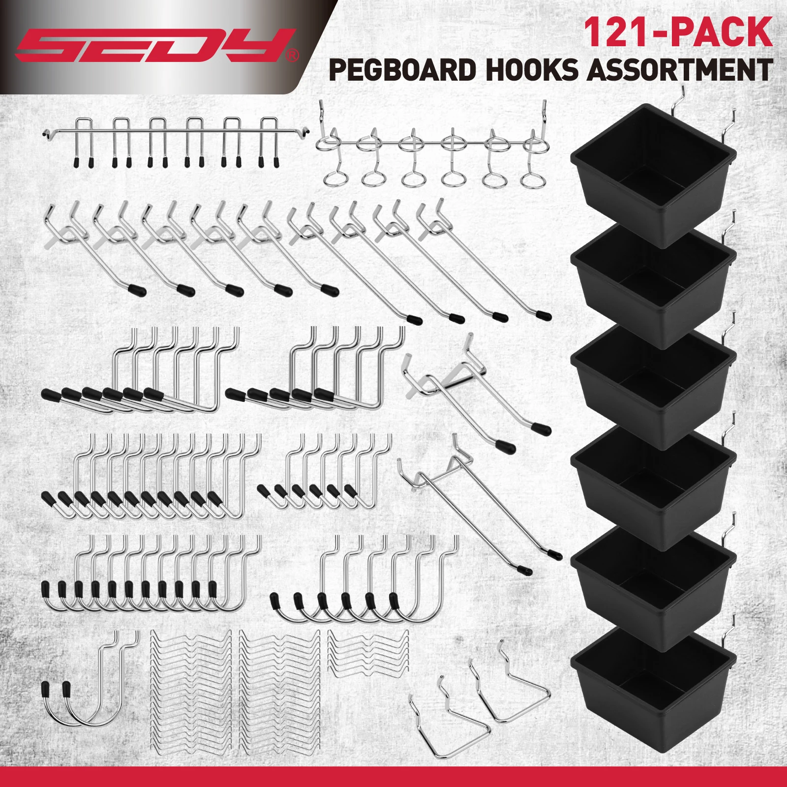 SEDY 121Pcs Pegboard Hooks Set with Metal Hook, Durable Peg Board Organizer, Tool Hook
SEDY 121Pcs Pegboard Hooks Set with Metal Hook, Durable Peg Board Organizer, Tool Hook