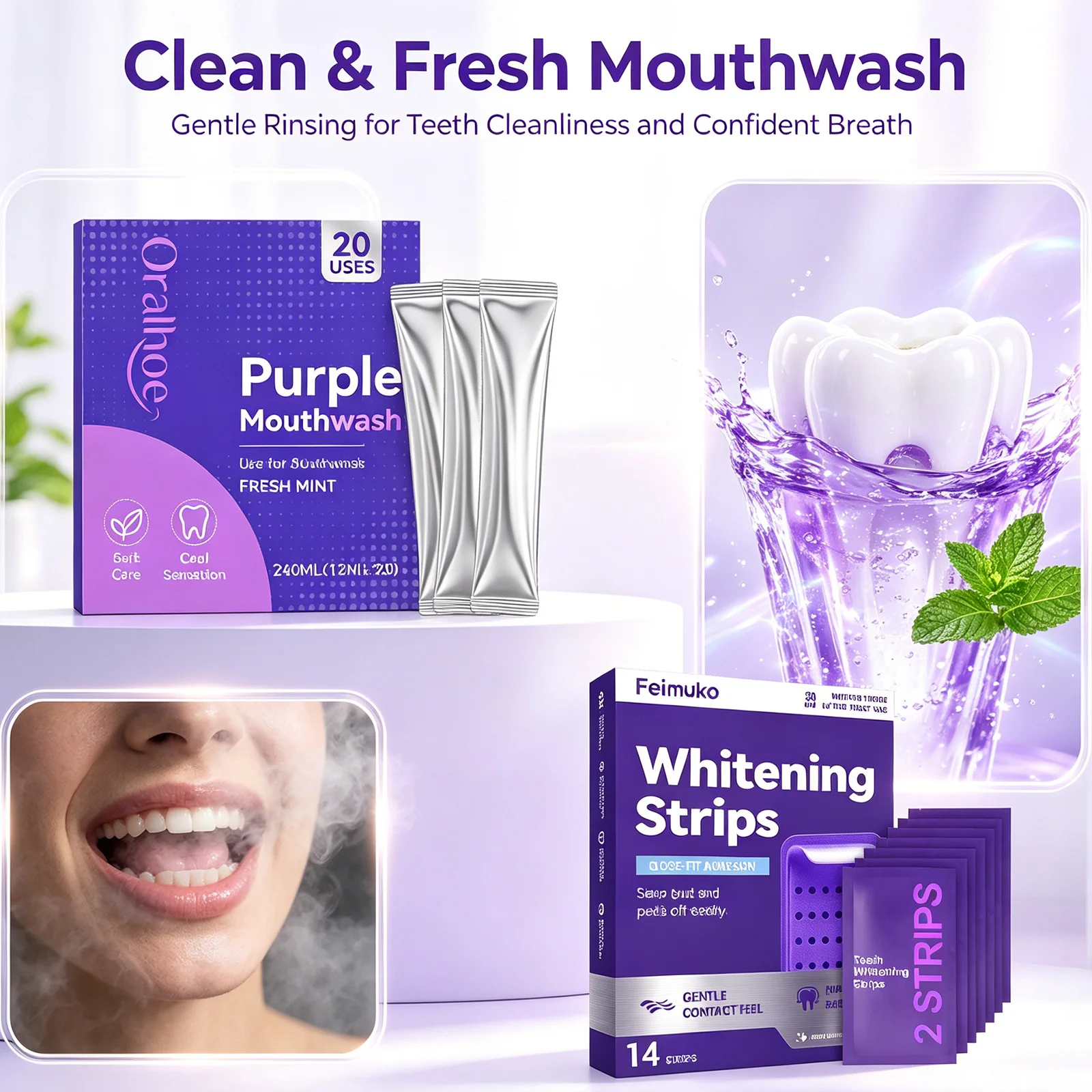Purple Whitening Strips & Fresh Mouthwash Set Oral Care Brightening Breath Freshening Mint Gentle Daily Oral Care
Purple Whitening Strips & Fresh Mouthwash Set Oral Care Brightening Breath Freshening Mint Gentle Daily Oral Care