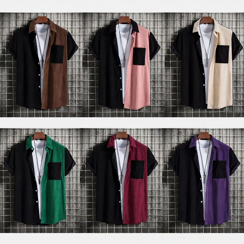 Corduroy Collar Short Sleeve Shirt Men's Patchwork Youth Flip Collar Striped Shirt European Size Waist Cinching Bright Thread
Corduroy Collar Short Sleeve Shirt Men's Patchwork Youth Flip Collar Striped Shirt European Size Waist Cinching Bright Thread