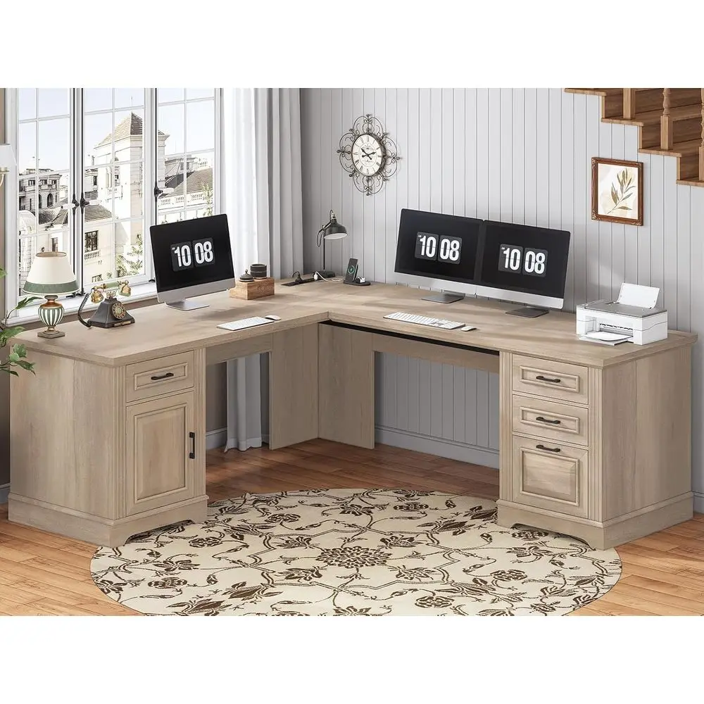 69 L-Shaped Executive Desk with Storage Drawers and Power Outlet, Oak Finish
69 L-Shaped Executive Desk with Storage Drawers and Power Outlet, Oak Finish