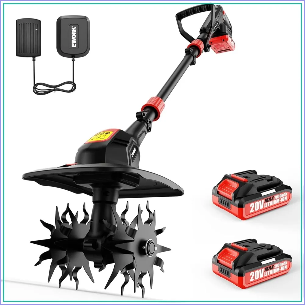 20V Cordless Garden Tiller Cultivator with 2×2.0Ah Batteries & Fast Charger, 9" Width 7" Depth for Lawn Soil Cultivation
20V Cordless Garden Tiller Cultivator with 2×2.0Ah Batteries & Fast Charger, 9" Width 7" Depth for Lawn Soil Cultivation