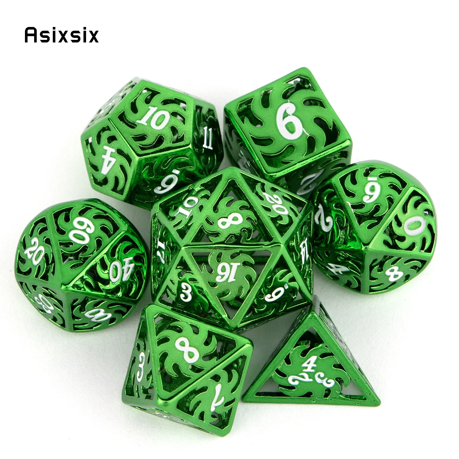 7 Pcs Green White Rotary Windmill Metal Dice Hollow Metal Polyhedral Dice Suitable for Role-Playing RPG Board Game Card Game
7 Pcs Green White Rotary Windmill Metal Dice Hollow Metal Polyhedral Dice Suitable for Role-Playing RPG Board Game Card Game