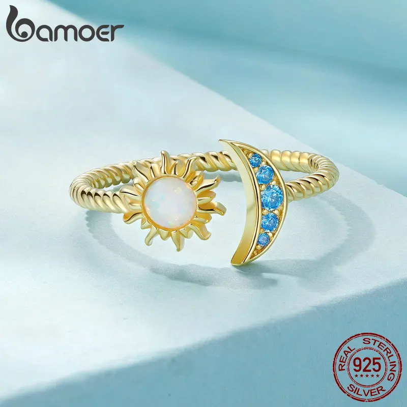 Bamoer Moon Sun Open Ring 925 Sterling Silver Unique Opal Sun and Zircon Moon Design Adjustable Ring Couple Fine Jewelry
Bamoer Moon Sun Open Ring 925 Sterling Silver Unique Opal Sun and Zircon Moon Design Adjustable Ring Couple Fine Jewelry