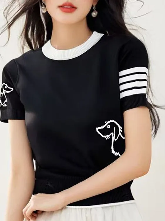 Свободный вязаный топ ort Sve round Ne с вышивкой собаки, новое поступление лета для женщин, универсальный универсальный топ 
Свободный вязаный топ ort Sve round Ne с вышивкой собаки, новое поступление лета для женщин, универсальный универсальный топ