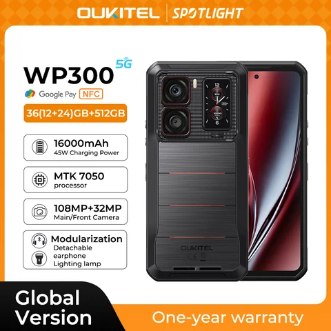 Oukitel WP300 頑丈な電話 16000mAh 36GB（12+24）GB+512GB モジュラー取り外し可能なイヤホン/キャンプライト 6.78インチ FHD 120Hz 108MP 携帯電話
