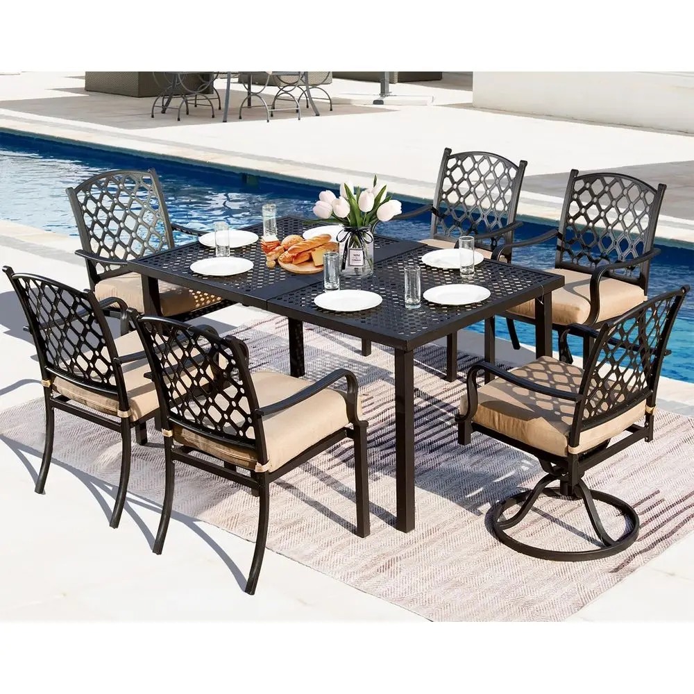 7 Piece Outdoor Patio Dining Set with Metal Table and Swivel Chairs, Beige Cushions Included
7 Piece Outdoor Patio Dining Set with Metal Table and Swivel Chairs, Beige Cushions Included