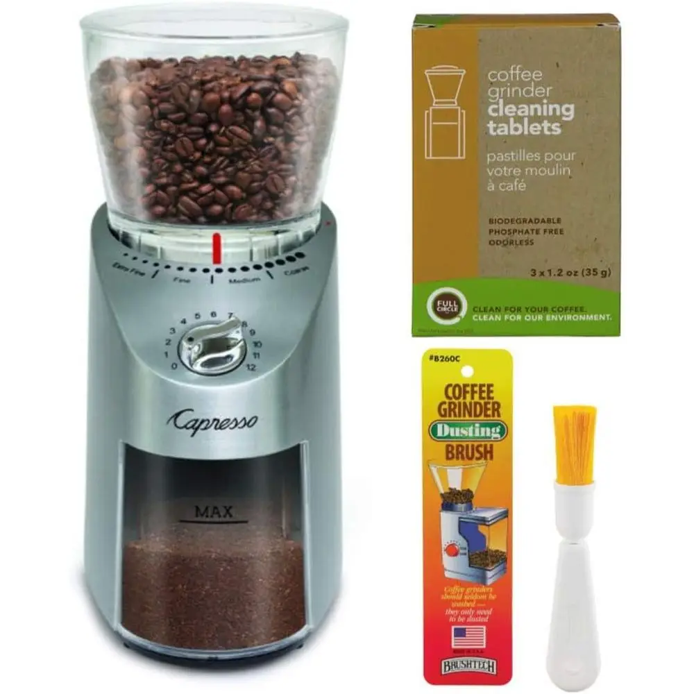 Conical Burr Coffee Grinder Set with Large Bean Hopper, Stainless Steel, Cleaning Tablets & Brush
Conical Burr Coffee Grinder Set with Large Bean Hopper, Stainless Steel, Cleaning Tablets & Brush