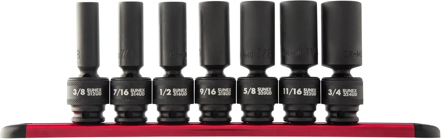 7-Piece 3/8" Drive Deep Impact Socket Set, Universal 360° Swivel, CR-MO Steel
7-Piece 3/8" Drive Deep Impact Socket Set, Universal 360° Swivel, CR-MO Steel
