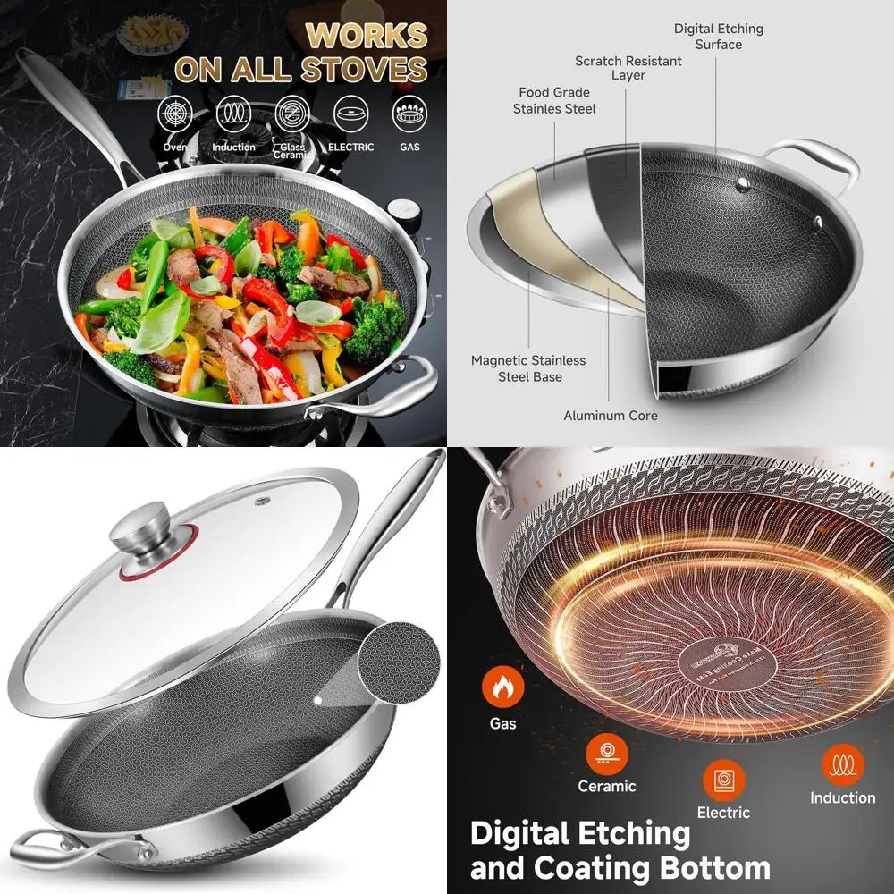 13. Готовый индукционный трехслойный вок с крышкой: с антипригарным покрытием, можно мыть в посудомоечной машине и в духовке для жарки, сотения и приготовления пищи.
13. Готовый индукционный трехслойный вок с крышкой: с антипригарным покрытием, можно мыть в посудомоечной машине и в духовке для жарки, сотения и приготовления пищи.