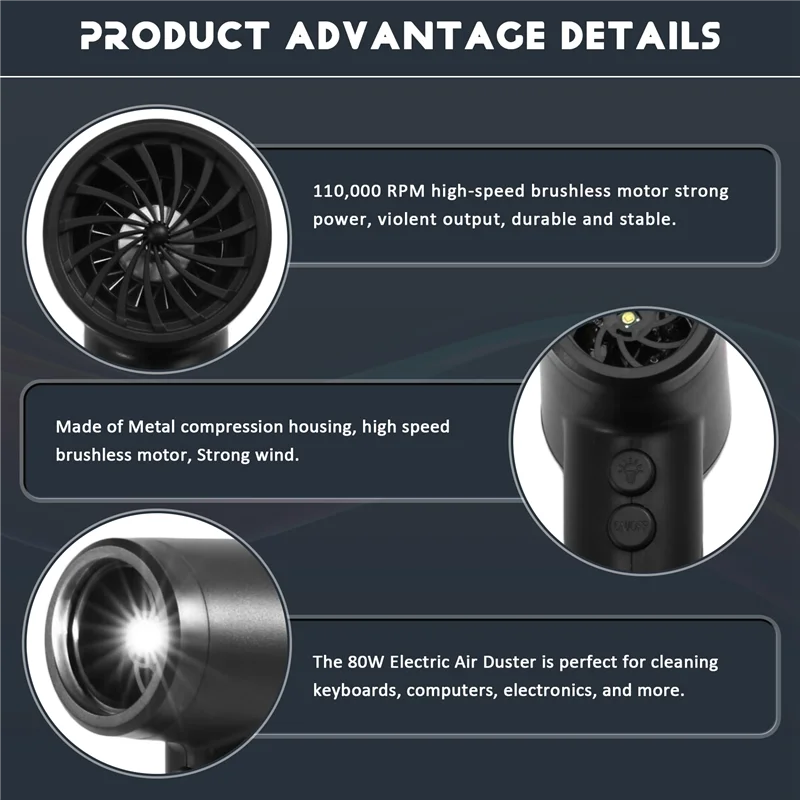 B84B-110000RPM 80W Electric Air Duster Mini Turbo Violent Fan Rechargeable Blower Super Strong Jet Dry Keyboard Cleaning Tool
B84B-110000RPM 80W Electric Air Duster Mini Turbo Violent Fan Rechargeable Blower Super Strong Jet Dry Keyboard Cleaning Tool