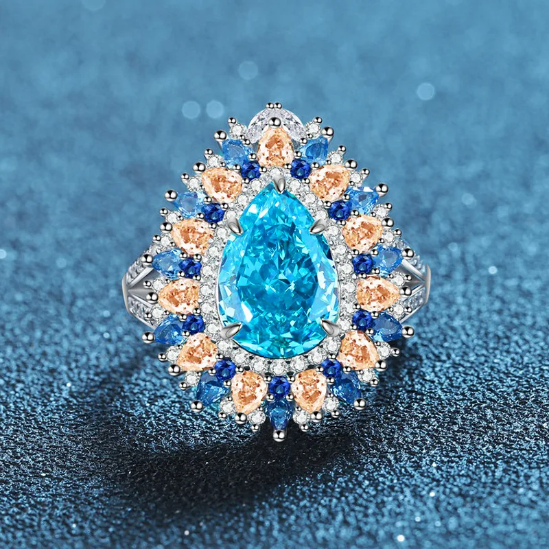 Luxury Solid Platinum PT950 Women's Candy Series Open Ring Pear Shape Sea Blue Ice Flower Cut Diamond Ring
Luxury Solid Platinum PT950 Women's Candy Series Open Ring Pear Shape Sea Blue Ice Flower Cut Diamond Ring