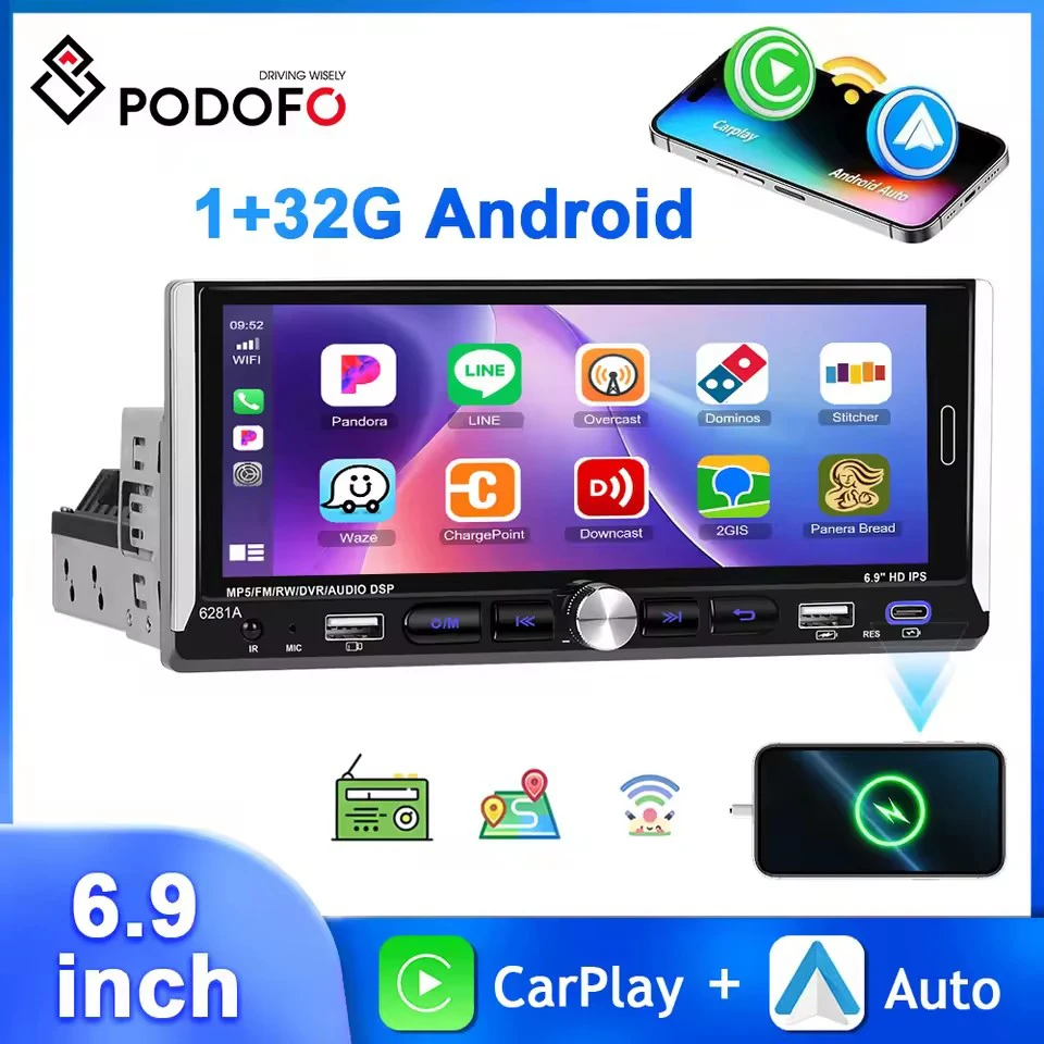 Podofo 1din 1 + 32G Android автомобильный радиоприемник 6,9 ''мультимедийный плеер Bluetooth WIFI Carplay Android Auto GPS навигация FM/RDS автомобильное аудио
Podofo 1din 1 + 32G Android автомобильный радиоприемник 6,9 ''мультимедийный плеер Bluetooth WIFI Carplay Android Auto GPS навигация FM/RDS автомобильное аудио