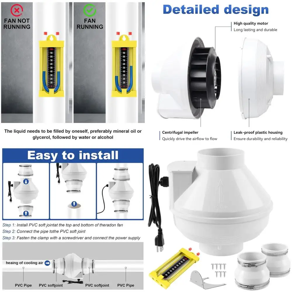 Radon Reduction Kit with 4 to 3 Inch Rubber Joints, 3 PVC, Quiet Operation, Air Pressure Monitor, IP67 Waterproof
Radon Reduction Kit with 4 to 3 Inch Rubber Joints, 3 PVC, Quiet Operation, Air Pressure Monitor, IP67 Waterproof