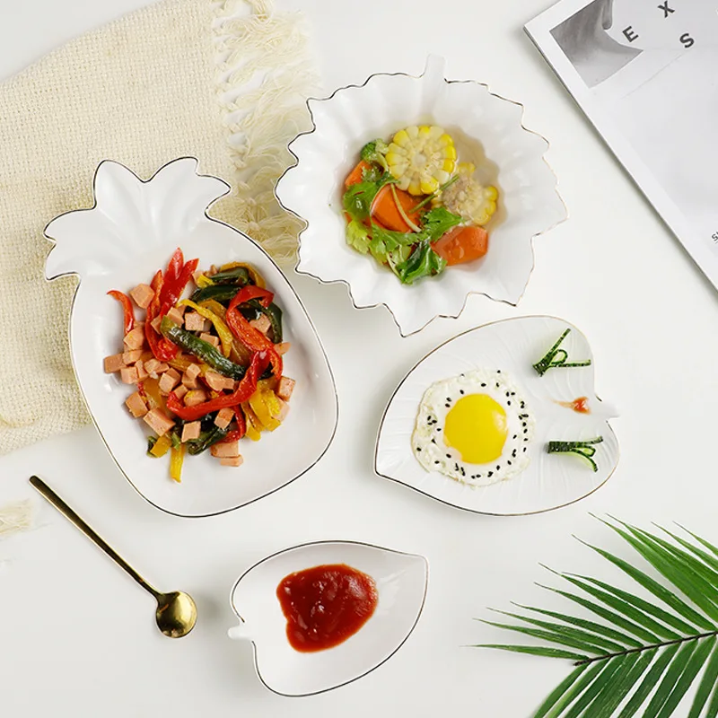 Gold Rimmed Ceramic Leaf Pineapple Plate Breakfast Western Fruit Snack Dessert Tray
Gold Rimmed Ceramic Leaf Pineapple Plate Breakfast Western Fruit Snack Dessert Tray