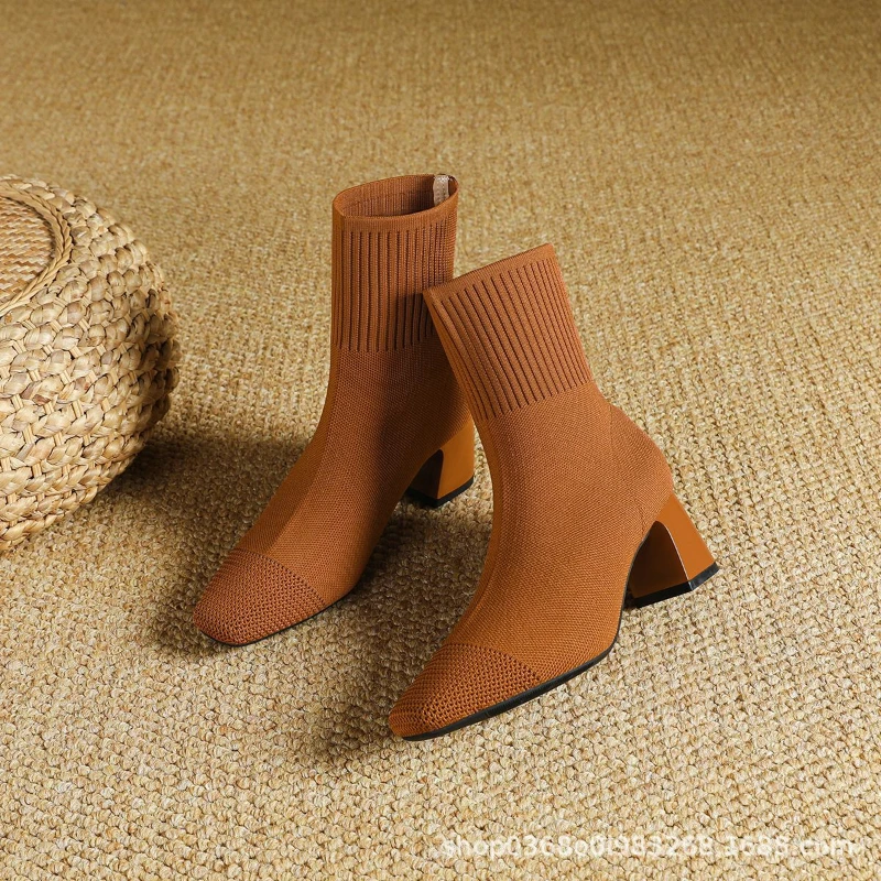 Black Square Toe Knit Sock Boots Elastic Slim Thick Block Heel High Heels Short Boots Fashion Autumn Casual Skinny Ankle Boots 29 S9811770496a244478e80ce926af480a1C
