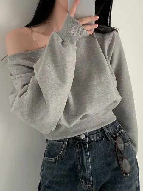Spicy Girl Shoulder Bared Long Sleeve Sweatshirt Women's Early Spring New Style Pure Color Fashionable Versatile Top Trendy
Spicy Girl Shoulder Bared Long Sleeve Sweatshirt Women's Early Spring New Style Pure Color Fashionable Versatile Top Trendy