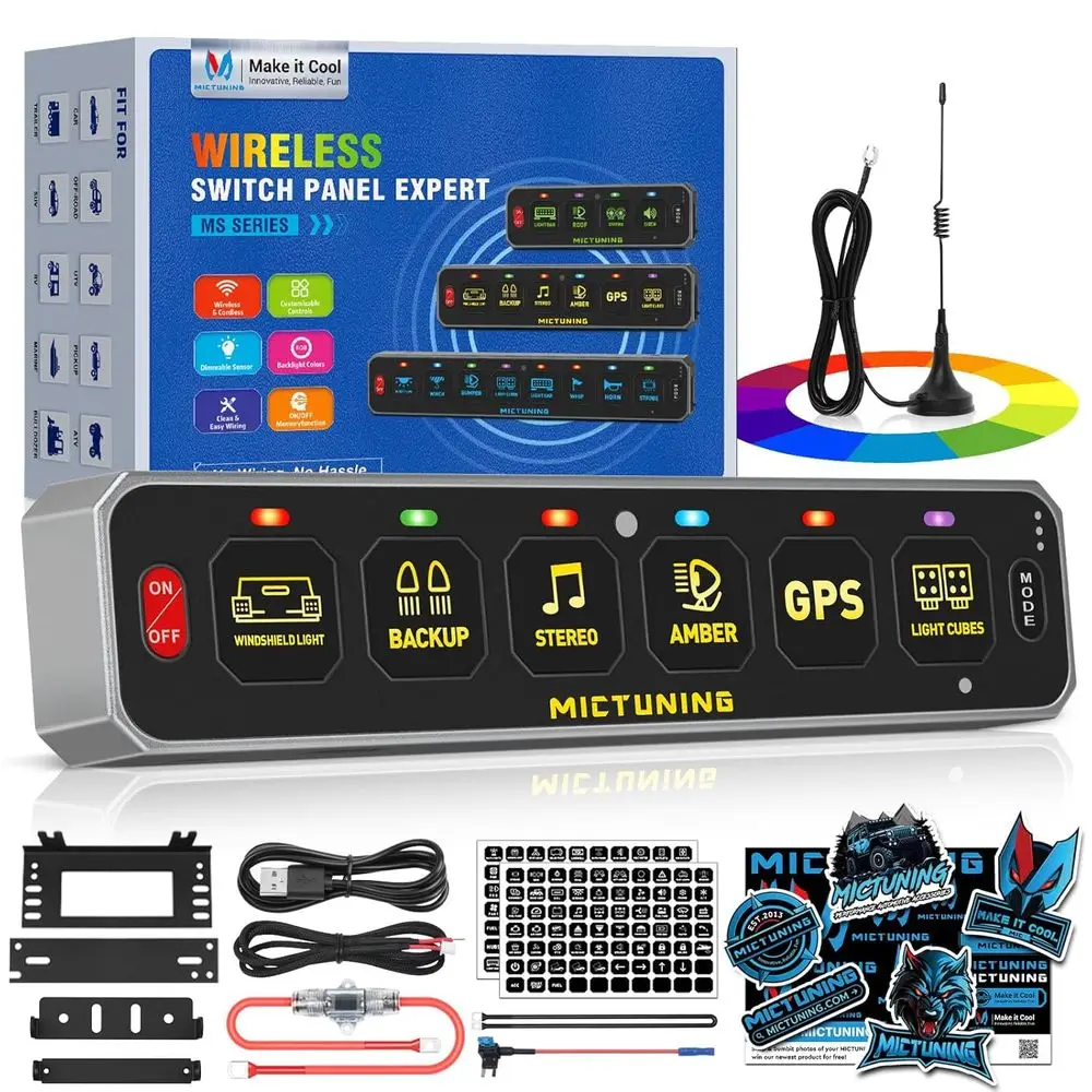MS-W 6 Gang Slim Wireless Switch Panel, 208FT Range Multi-Panel Control, Toggle Momentary Strobe Pulsed Flash, RGB Dimmable Back