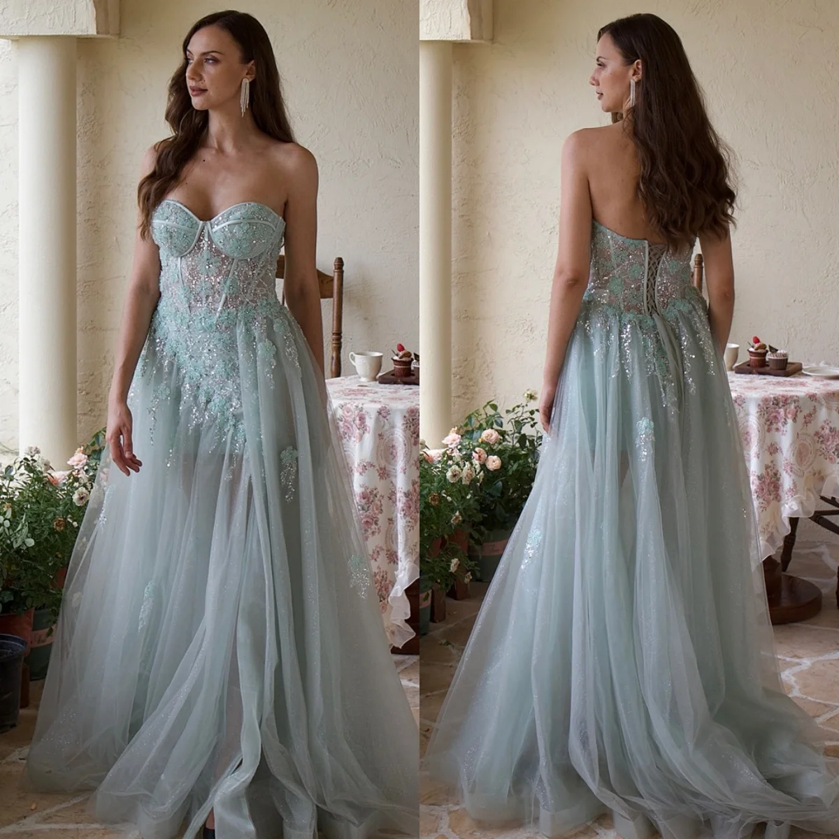 Customized Sparkly Green Tulle Celebrity Gowns Fashion Strapless Sequined Pleats Appliques Lace Up Back Vestido De Festa
Customized Sparkly Green Tulle Celebrity Gowns Fashion Strapless Sequined Pleats Appliques Lace Up Back Vestido De Festa