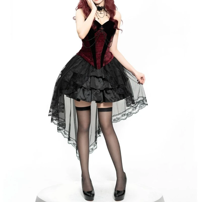 Gothic Victorian Velvet Corset Cosplay Costume Women Black Burgundy Lace Tiered Mini Skirt Devil Witch Halloween Party Outfit
Gothic Victorian Velvet Corset Cosplay Costume Women Black Burgundy Lace Tiered Mini Skirt Devil Witch Halloween Party Outfit