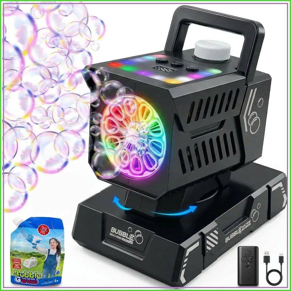Rechargeable Bubble Machine with Remote & RGB Lights, Automatic Rotating Bubble Blower for Parties, Weddings, Outdoor Events
Rechargeable Bubble Machine with Remote & RGB Lights, Automatic Rotating Bubble Blower for Parties, Weddings, Outdoor Events