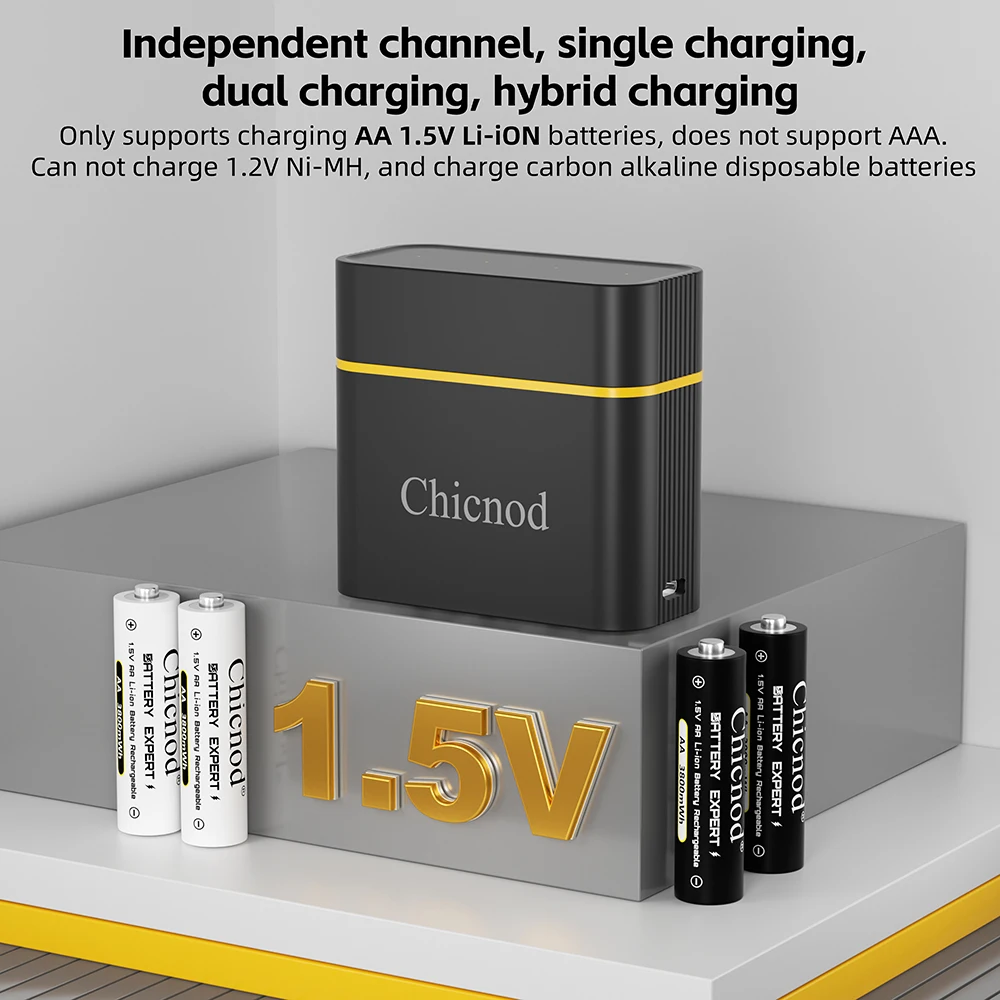 CHICNOD 4 Slots 1.5V AA Battery Charger for Rechargeable Lithium Batteries Smart Battery Charger with USB Type-C Charging Cable
CHICNOD 4 Slots 1.5V AA Battery Charger for Rechargeable Lithium Batteries Smart Battery Charger with USB Type-C Charging Cable
