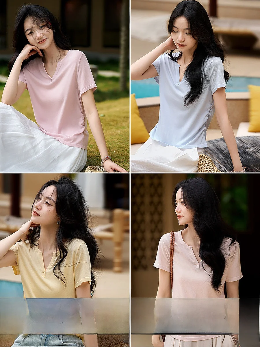 Slimming Knitted Top Breathable Lyocell Short Sleeve Highlight Small Waist Casual Comfortable Women's T-Shirt Office Style
Slimming Knitted Top Breathable Lyocell Short Sleeve Highlight Small Waist Casual Comfortable Women's T-Shirt Office Style