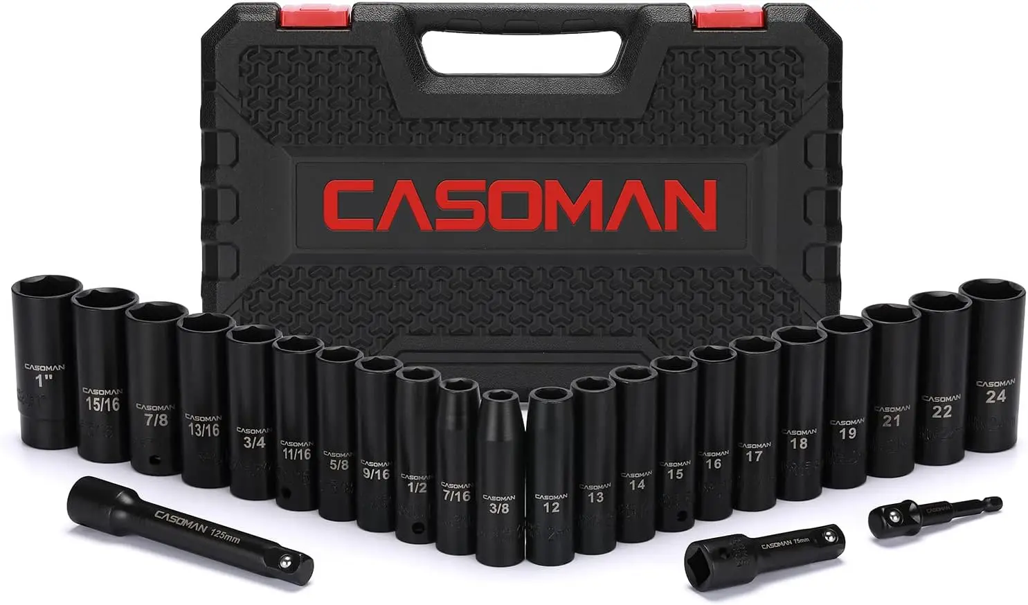 Impact Socket Set 25PCS 1/2" Drive Deep, Cr-V Steel, Metric & SAE, 12mm-24mm, 3/8"-1", with Extension Bars
Impact Socket Set 25PCS 1/2" Drive Deep, Cr-V Steel, Metric & SAE, 12mm-24mm, 3/8"-1", with Extension Bars
