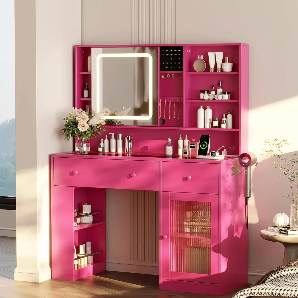 Vanity Desk with Sliding Mirror and Lights, Glass Top Makeup Vanity Table w/Glass Cabinets w/Hidden Jewelry Storage
Vanity Desk with Sliding Mirror and Lights, Glass Top Makeup Vanity Table w/Glass Cabinets w/Hidden Jewelry Storage
