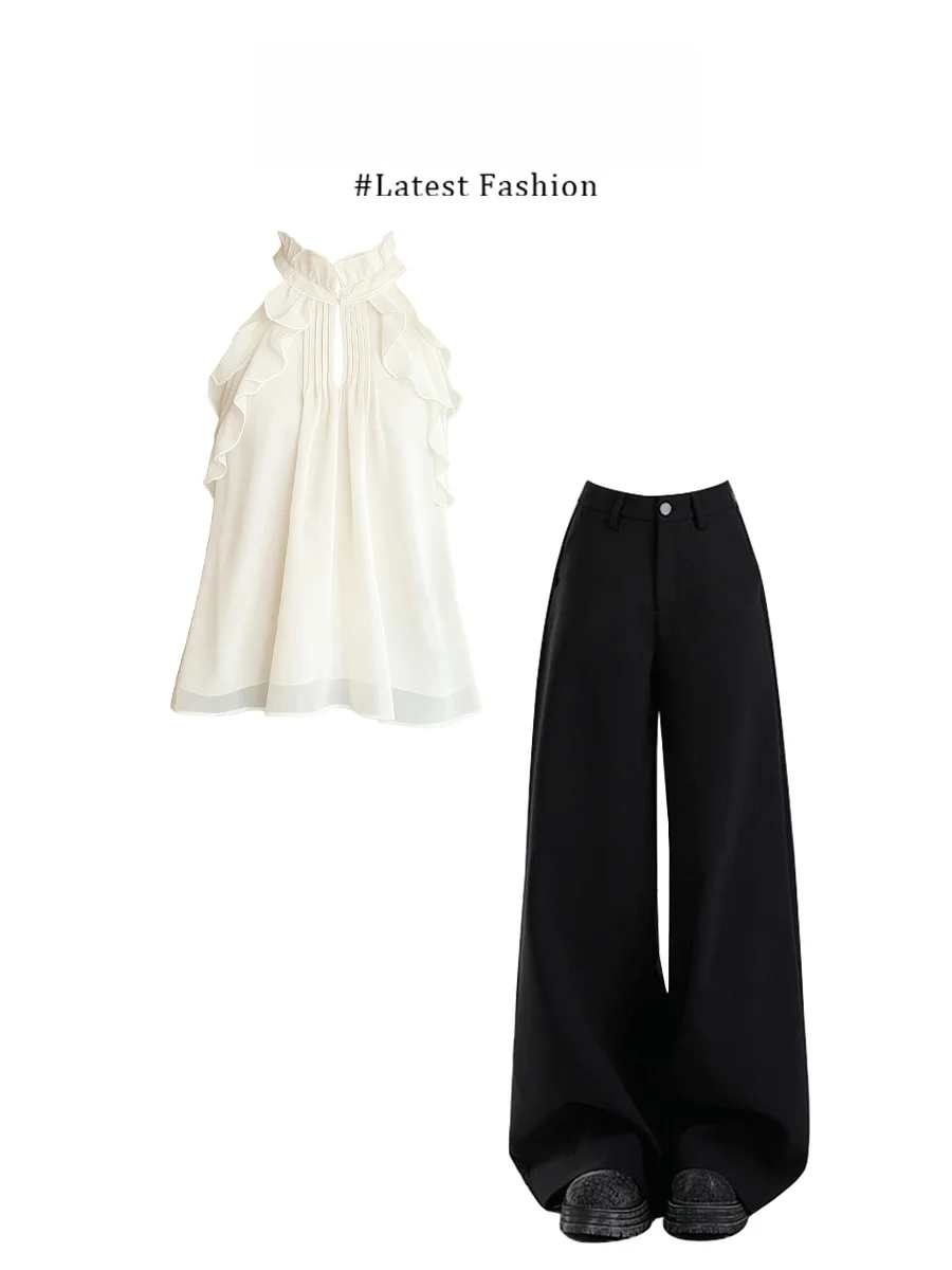 Parkyeon Summer Casual Fashion Set Women's Sleeveless Neck Hanging Top with Lace Hem And Long Pants Comfortable Breathable
Parkyeon Summer Casual Fashion Set Women's Sleeveless Neck Hanging Top with Lace Hem And Long Pants Comfortable Breathable