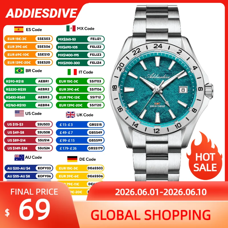ADDIESDIVE NEW GMT Quartz Watch Sapphire Glass 200M Waterproof Luxury Men Watches Stainless Steel Textured Dial Casual Man Clock
ADDIESDIVE NEW GMT Quartz Watch Sapphire Glass 200M Waterproof Luxury Men Watches Stainless Steel Textured Dial Casual Man Clock