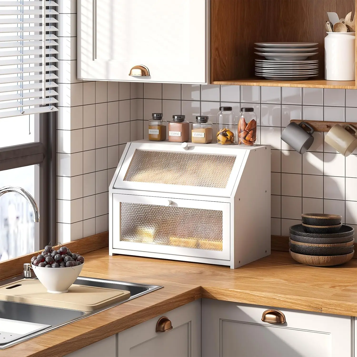 Double Layer Bread Box with Diamond Pattern Windows, Large Capacity Kitchen Storage Container in White
Double Layer Bread Box with Diamond Pattern Windows, Large Capacity Kitchen Storage Container in White