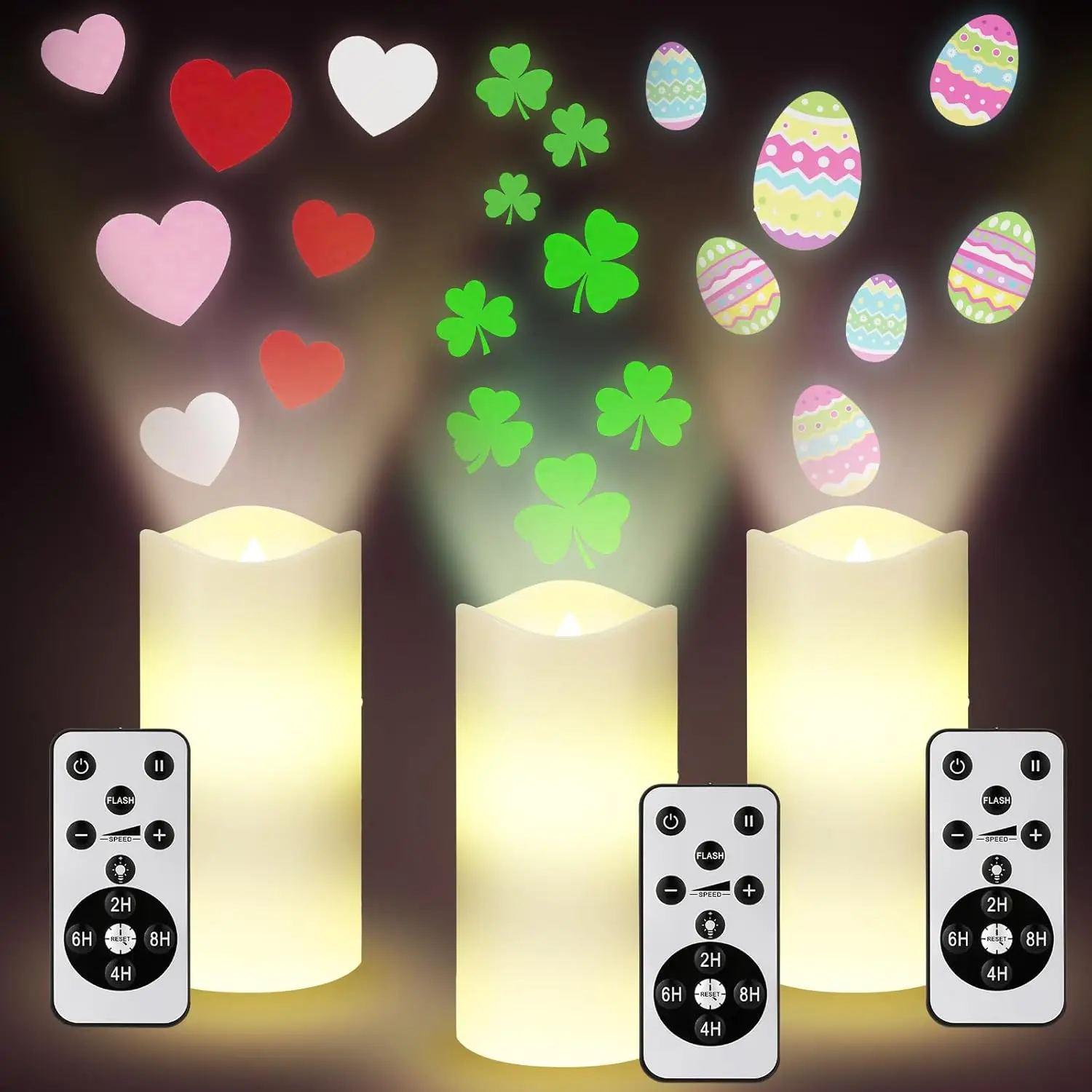 Valentine's Day Flameless Candles Projector Lights St. Patrick's Day LED Candle Easter Night Light with Remote and Timer
Valentine's Day Flameless Candles Projector Lights St. Patrick's Day LED Candle Easter Night Light with Remote and Timer