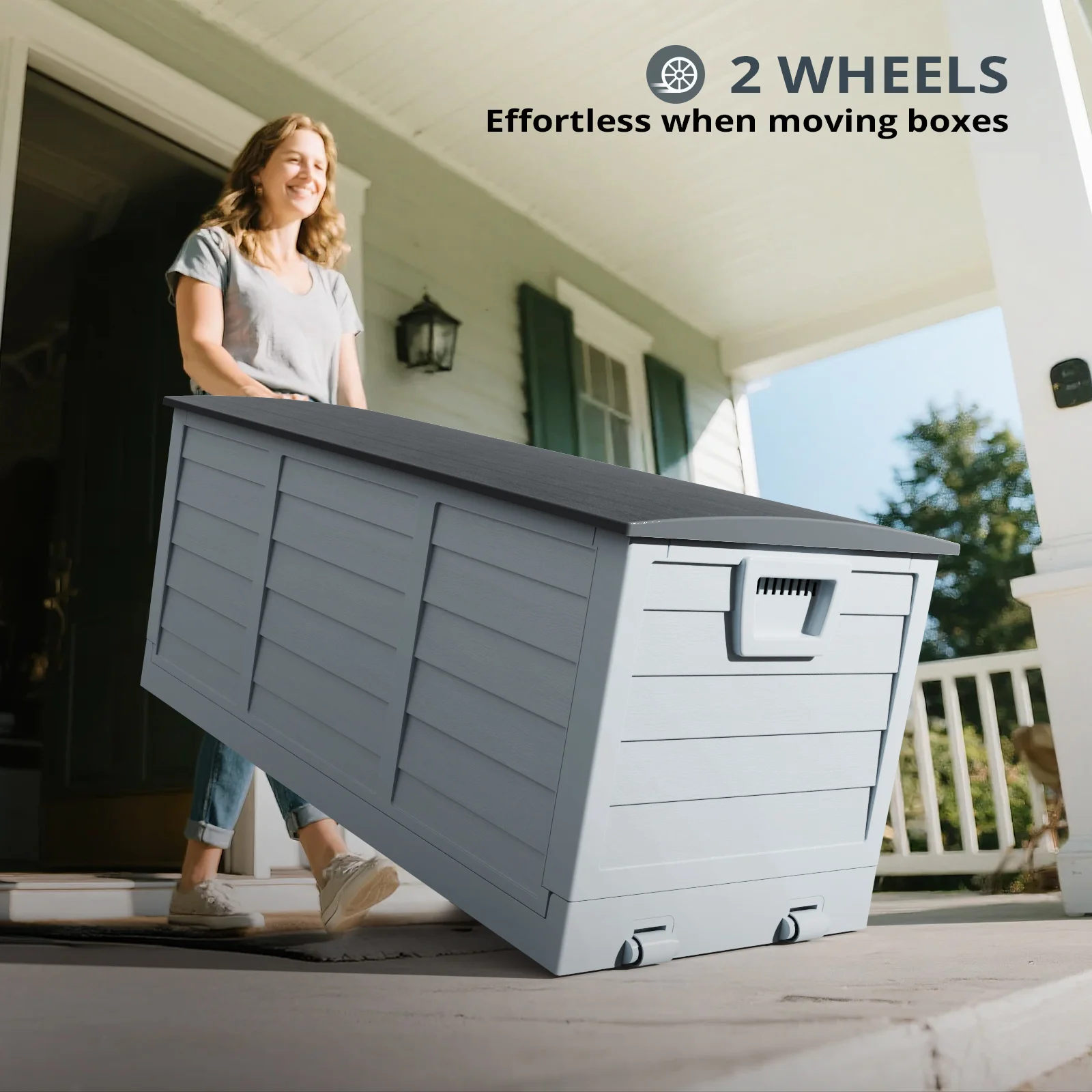 Folding wheeled storage box with 75 gallons injection molded reinforced plastic storage box, suitable for indoor and outdoor use, high-end wood grain, black/ gray lid optional, Box, Cabinet, Rack for Outdoor Storage
Folding wheeled storage box with 75 gallons injection molded reinforced plastic storage box, suitable for indoor and outdoor use, high-end wood grain, black/ gray lid optional, Box, Cabinet, Rack for Outdoor Storage
