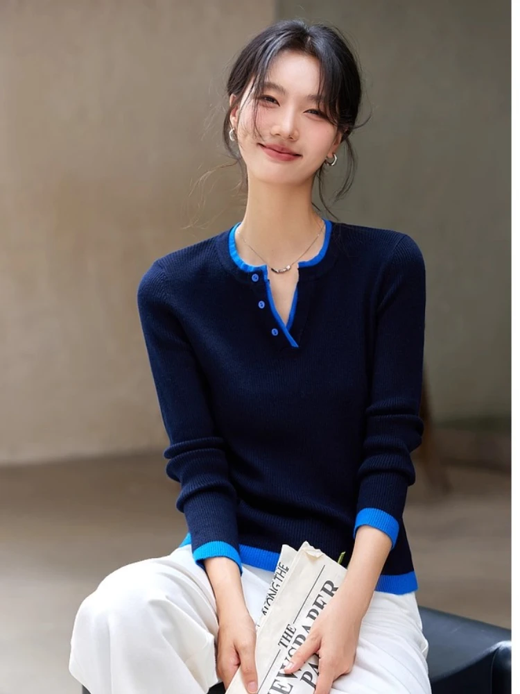 VIMLY Women's Knitting Sweater Contrast Color Autumn 2025 Blue Round Neck Pull Femmes Casual Button Slim Ladies Pullovers 75103 
VIMLY Women's Knitting Sweater Contrast Color Autumn 2025 Blue Round Neck Pull Femmes Casual Button Slim Ladies Pullovers 75103