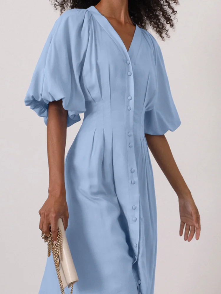 Elegant Solid Slim Women's Long Dresses V-neck Puff Short Sleeve Waist Cinching Single Breasted Pleated Partywear New Lady Robes
Elegant Solid Slim Women's Long Dresses V-neck Puff Short Sleeve Waist Cinching Single Breasted Pleated Partywear New Lady Robes