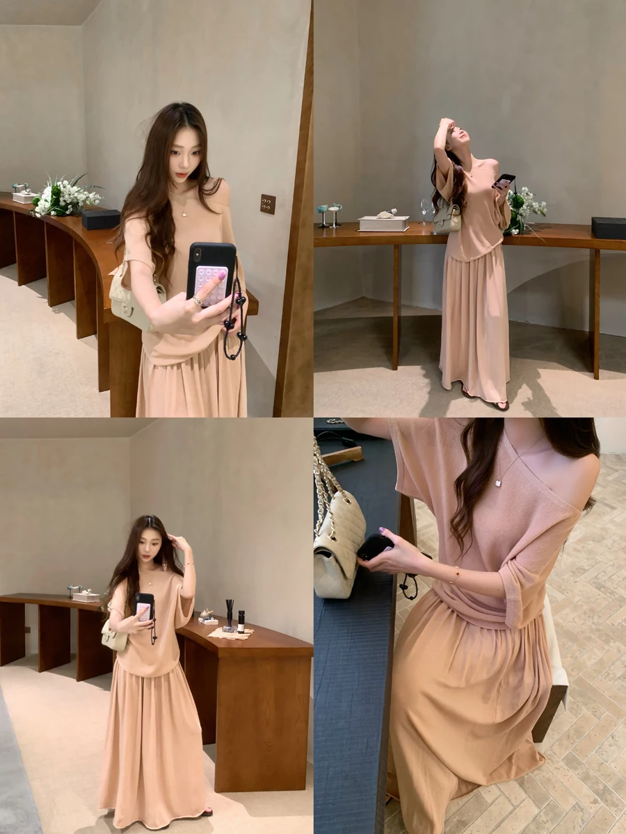 Summer Linen Knitted Set Women's Shoulder Bared mid Sleeve Top A-Line Skirt Long Dress Artistic Elegant Style
Summer Linen Knitted Set Women's Shoulder Bared mid Sleeve Top A-Line Skirt Long Dress Artistic Elegant Style