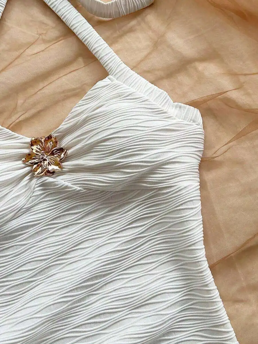 White Ruched Knit Halter Top With Floral Metal Accent And Asymmetrical Hem Mini Skirt For Vacation Party Date
White Ruched Knit Halter Top With Floral Metal Accent And Asymmetrical Hem Mini Skirt For Vacation Party Date