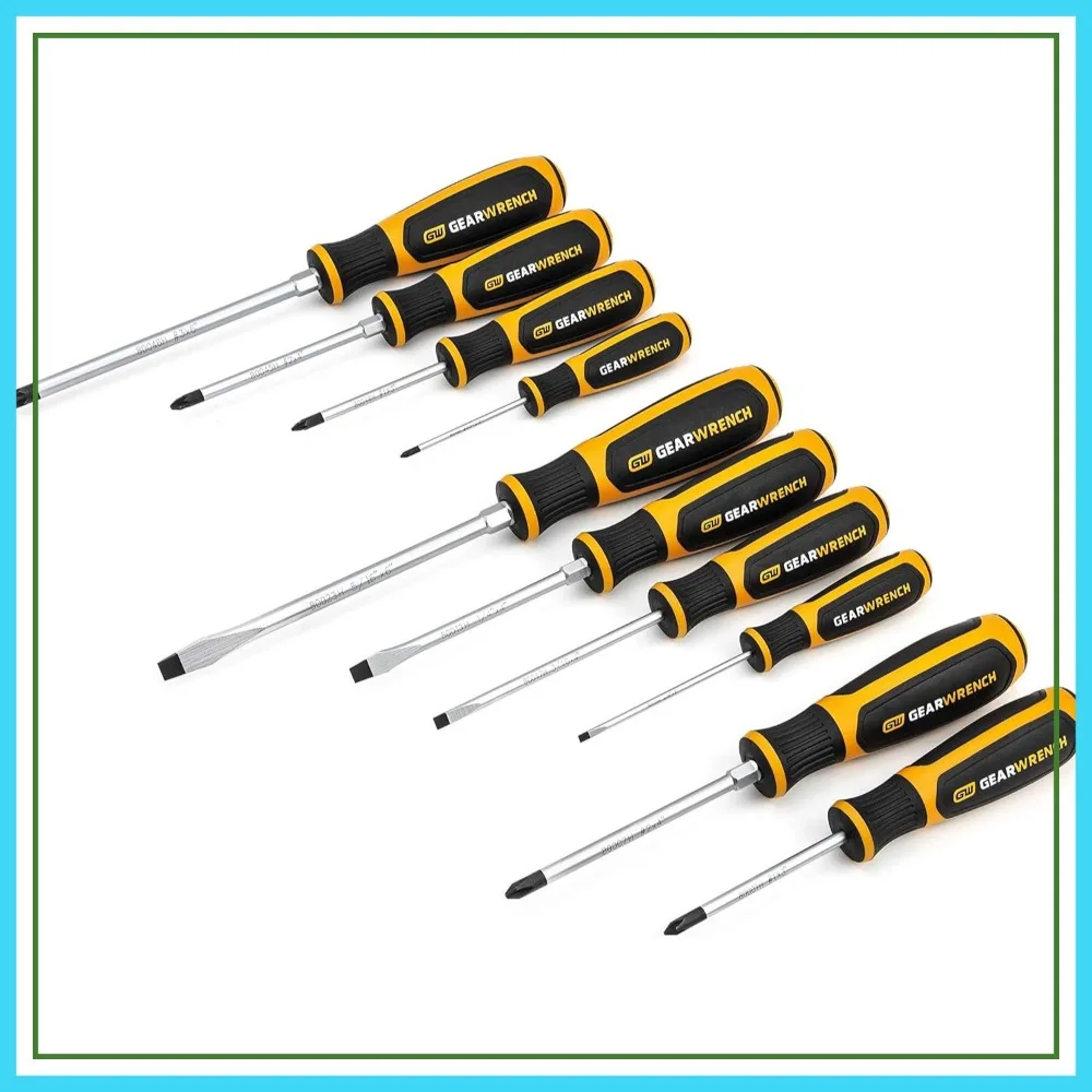 10 Pc Phillips Slotted Pozidriv Screwdriver Set Dual Material Handle
10 Pc Phillips Slotted Pozidriv Screwdriver Set Dual Material Handle