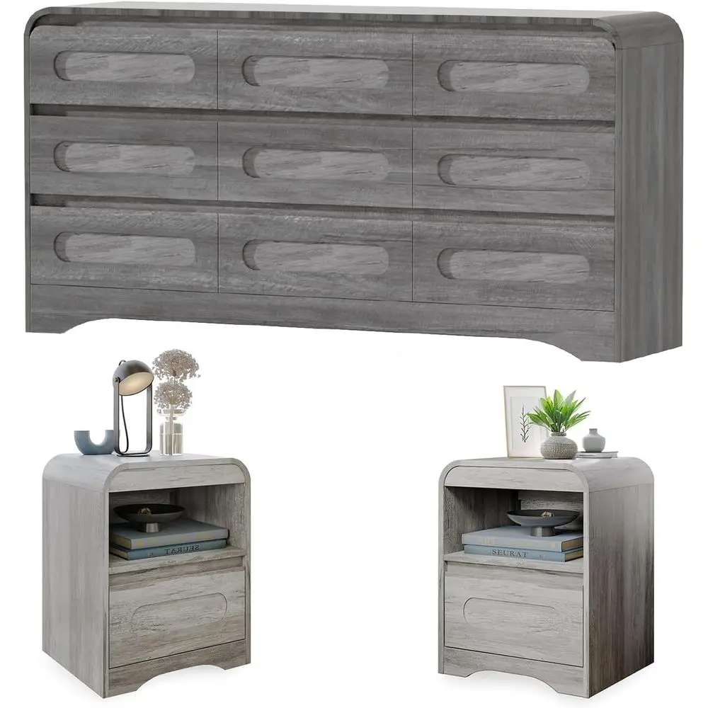 3-Piece Wood Bedroom Set with Nightstand and Storage Cabinet, Grey
3-Piece Wood Bedroom Set with Nightstand and Storage Cabinet, Grey