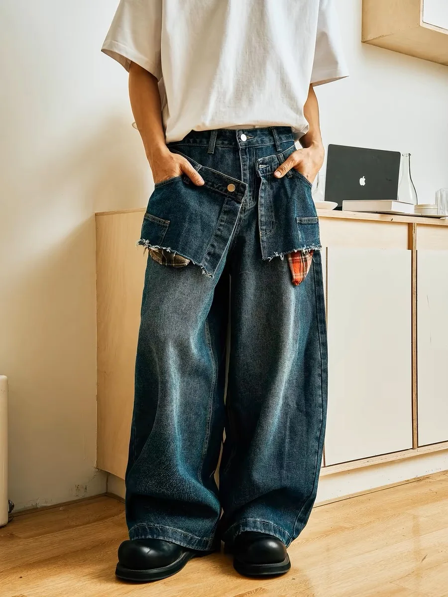 American Retro Plaid Splicing Jeans Men's Women's Loose Slim Wide Leg Knife Pants Spring New Style Casual Straight Leg Jeans
American Retro Plaid Splicing Jeans Men's Women's Loose Slim Wide Leg Knife Pants Spring New Style Casual Straight Leg Jeans
