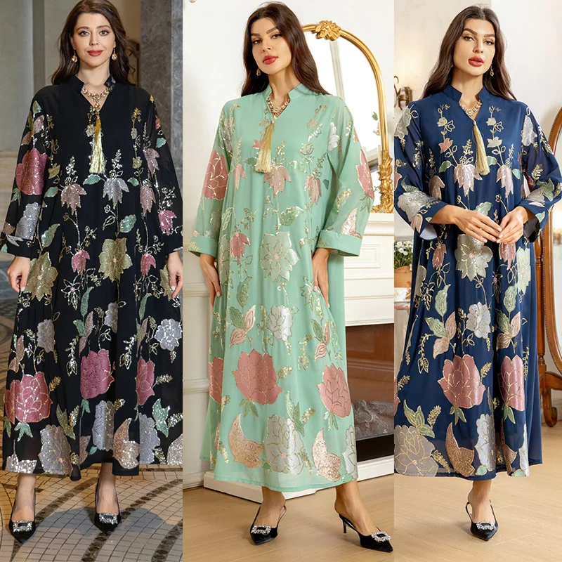 Muslim Middle Eastern Sequin Embroidered Long Robe Women's Fashion High Waist Tassel Dress Dubai New Style Abaya
Muslim Middle Eastern Sequin Embroidered Long Robe Women's Fashion High Waist Tassel Dress Dubai New Style Abaya