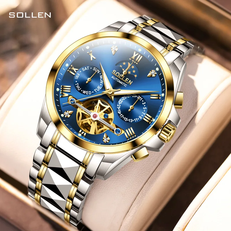SOLLEN Brand High-end Tourbillon Mechanical Watch for Men Stainless Steel Luxury Sapphire Fashion Moon Phase Automatic Watches
SOLLEN Brand High-end Tourbillon Mechanical Watch for Men Stainless Steel Luxury Sapphire Fashion Moon Phase Automatic Watches