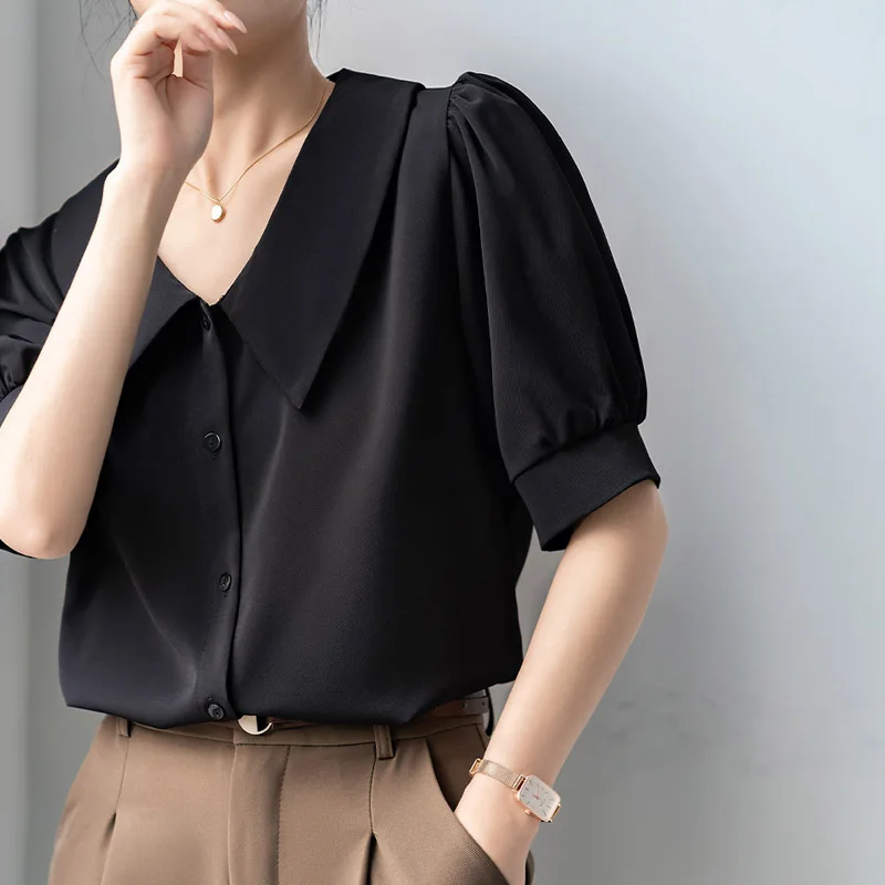Peter Pan Collar Short Sleeve Shirt for Women, Summer Mature French Style Design Top, Professional Formal V-Neck Chiffon Blouse
Peter Pan Collar Short Sleeve Shirt for Women, Summer Mature French Style Design Top, Professional Formal V-Neck Chiffon Blouse
